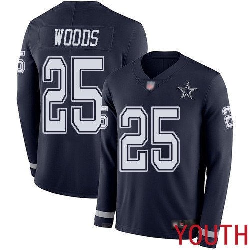 Youth Dallas Cowboys Limited Navy Blue Xavier Woods #25 Therma Long Sleeve NFL Jersey